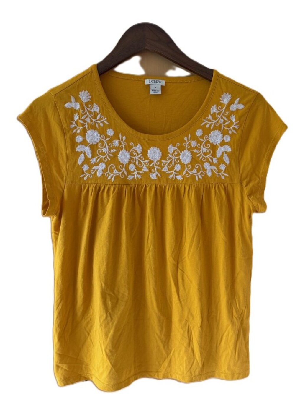 J Crew Gold/White Peasant Style Embroidered Boho Top, 100% Cotton, Size Small